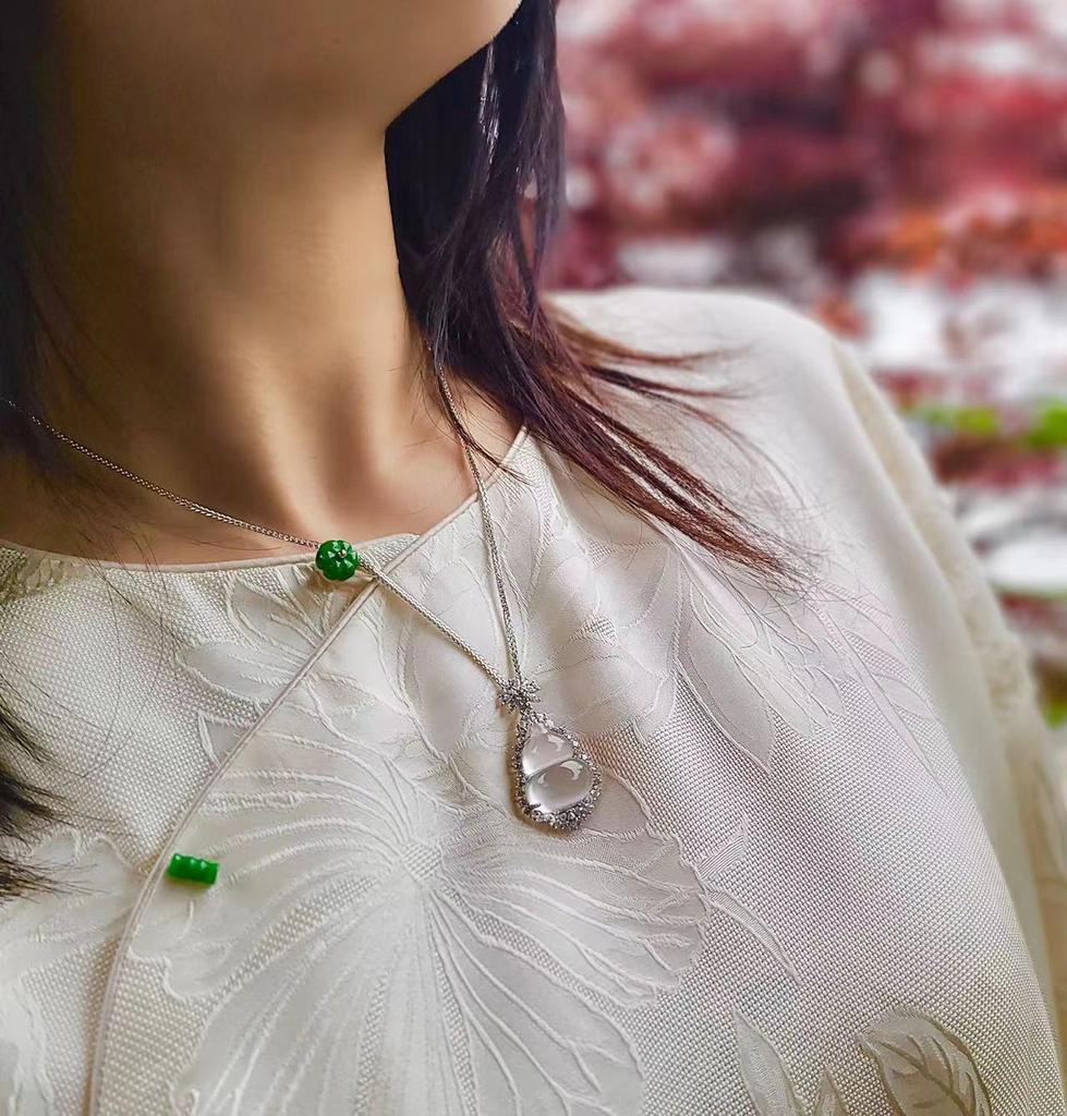 Подвеска-тыква из чистого серебра S925 с натуральным миццонитовым жадеитом - Высокий сорт льда для женщин, с китайским шармом Фу Лу