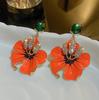 Korean Style Orange Enamel Flowers Drop Earrings for Women Girls Green Crystal Dangle Earrings Party Jewelry