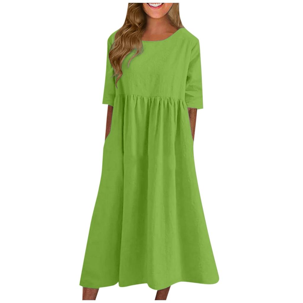 Women's Summer Solid Color Round Neck Half Sleeve Casual Long Solid Color Dress
