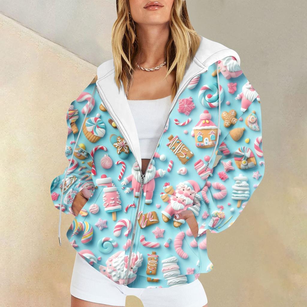 Ladies Fashion Casual Christmas Print Sweatshirt Autumn Winter Long Sleeve Cardigan Jacket With Pocket Zipper Hoodie Jacket