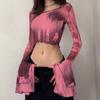 Punk Aesthetic Print Y2k Mesh Women Crop Tops Gothic Flare Sleeve See Through T-shirts Emo Lettuce Hem Sexy Streetwear
