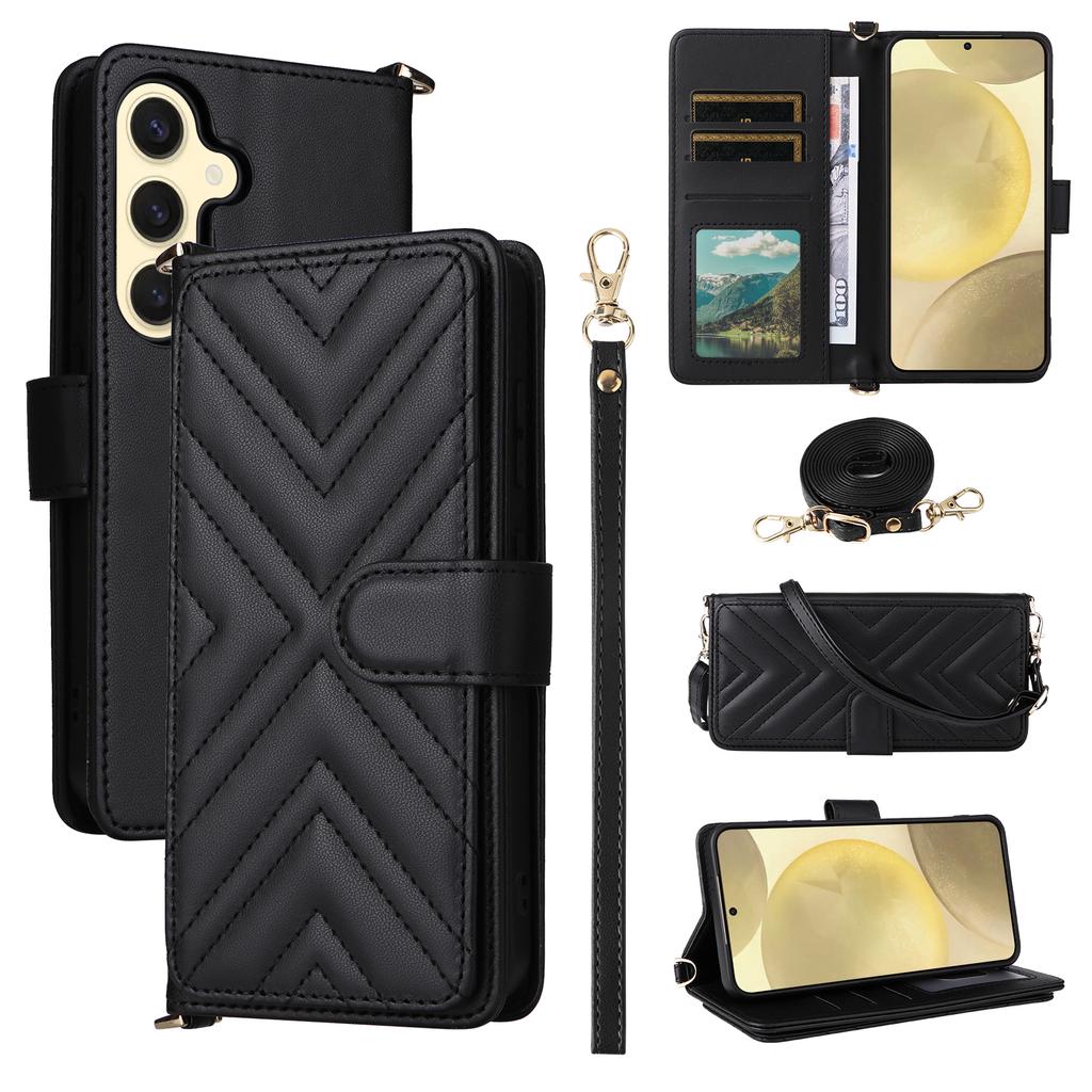 For Samsung Galaxy S24 Wallet Case with Shoulder/Wrist Strap Leather Phone Cover Stand