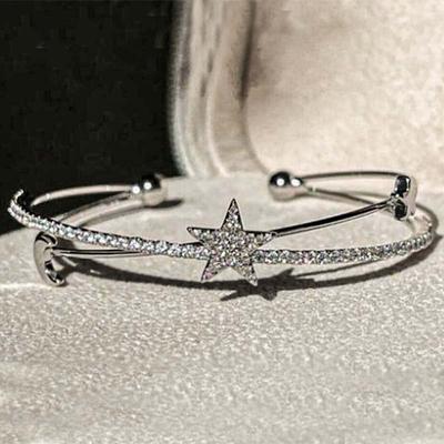 Модный двухслойный браслет-манжета со звездами и луной для женщин, простой серебристого цвета, с кристаллами, полый геометрический браслет, ювелирные изделия, подарки