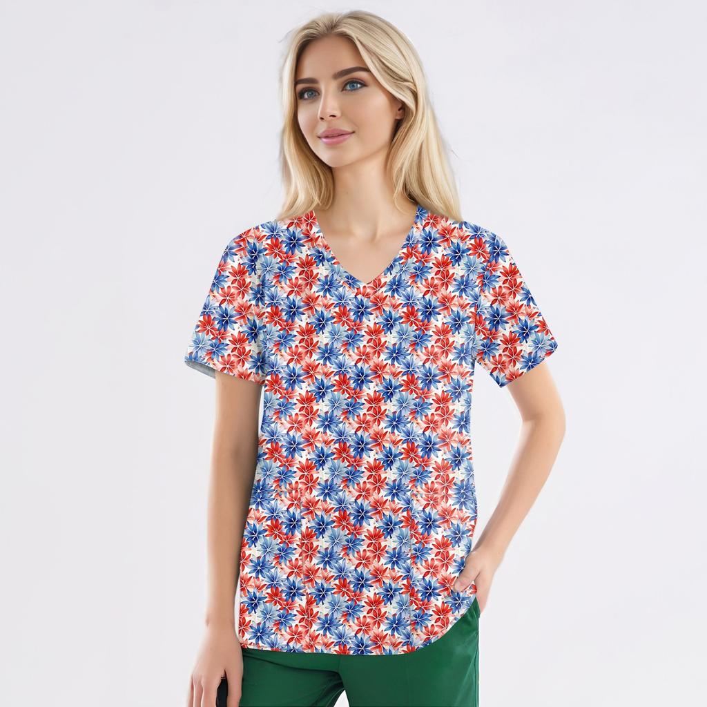 Рабочая форма больших размеров с принтом, топы для женщин, забавные футболки с v-образным вырезом и короткими рукавами, рабочая одежда, футболка с карманами