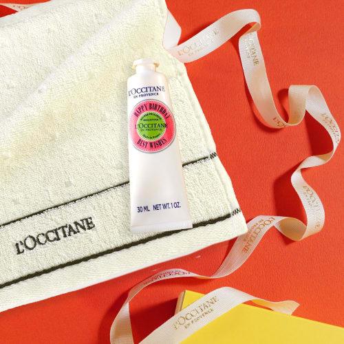 L'OCCITANE HAPPY BIRTHDAY Hand Cream Gift Set with Handkerchief and Towel, Includes Shopping Bag, Perfect Birthday Gift for Men and Women, Includes Me