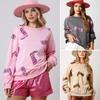 Women Top Sequin Boots Pattern Long Sleeves Elastic Cuffs Loose O Neck Sweatshirt