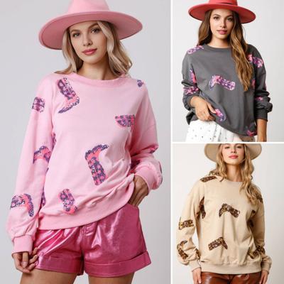 Женский топ с пайетками, узором из сапог, длинными рукавами, эластичными манжетами, свободным круглым вырезом, толстовка