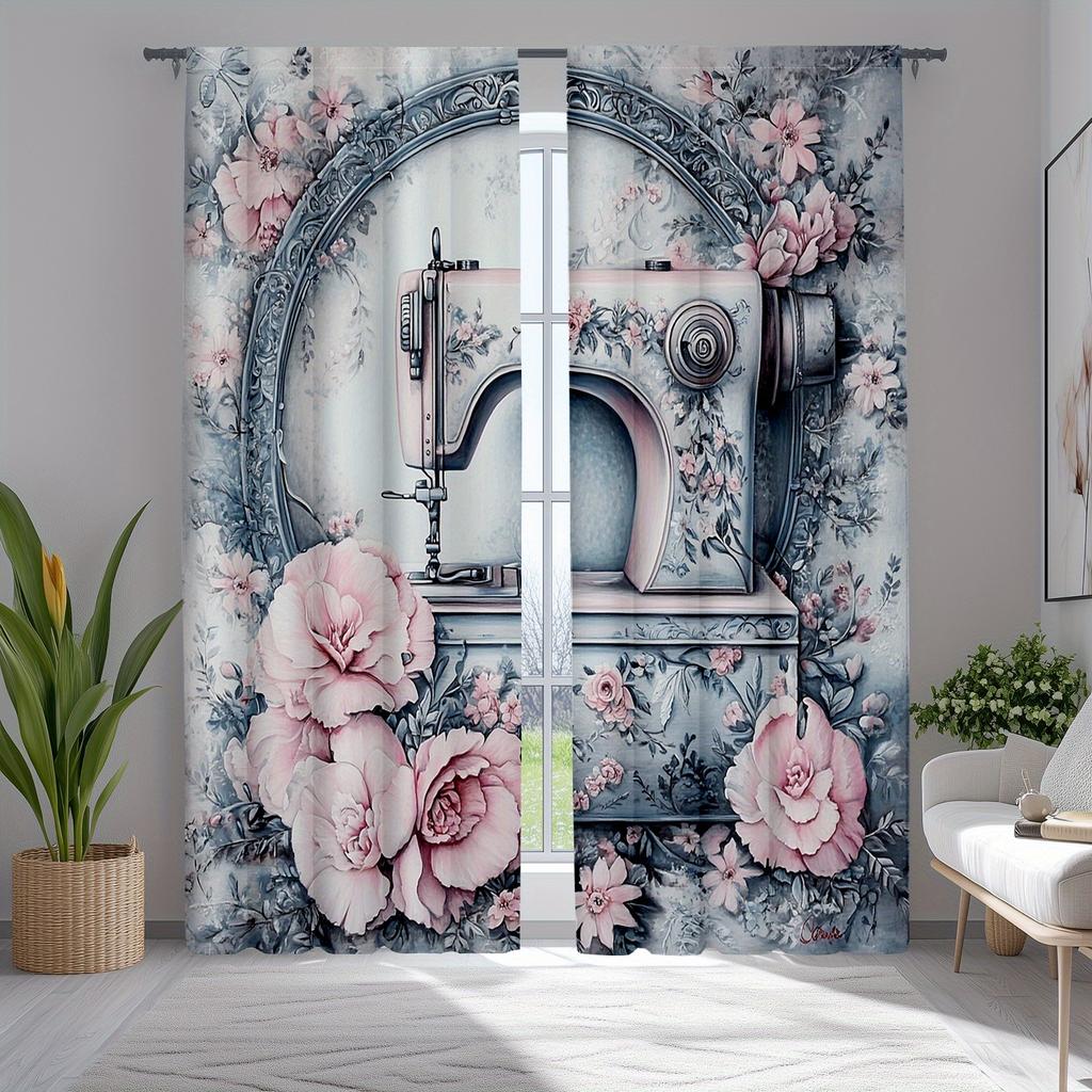 2pcs Vintage Sewing Machine Blackout Curtains Colorful Floral Print Rustic Rod Pocket Drapes for Bedroom & Living Room Semi-T