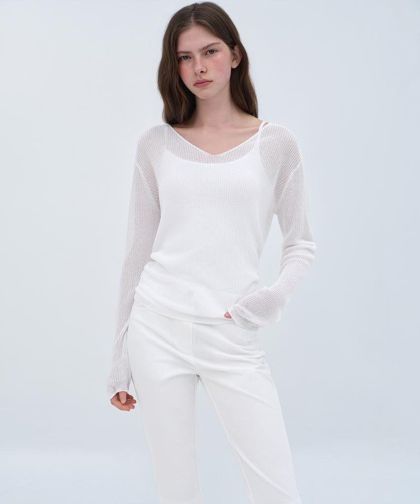 MUSINSA STANDARD WOMAN Women'S Linen Blend Ribbed V-Neck Sheer Knit [White]