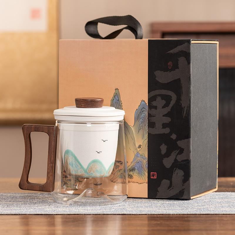 Ручка из черного сандала, офисная кружка, керамическая вставка-фильтр, стеклянная чашка для чая, высококлассная, защита от ожогов, подарочная коробка, портативный подарок