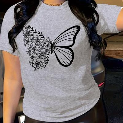 Модная женская футболка с принтом «цветок-бабочка», забавная повседневная футболка с круглым вырезом и короткими рукавами, летняя женская футболка