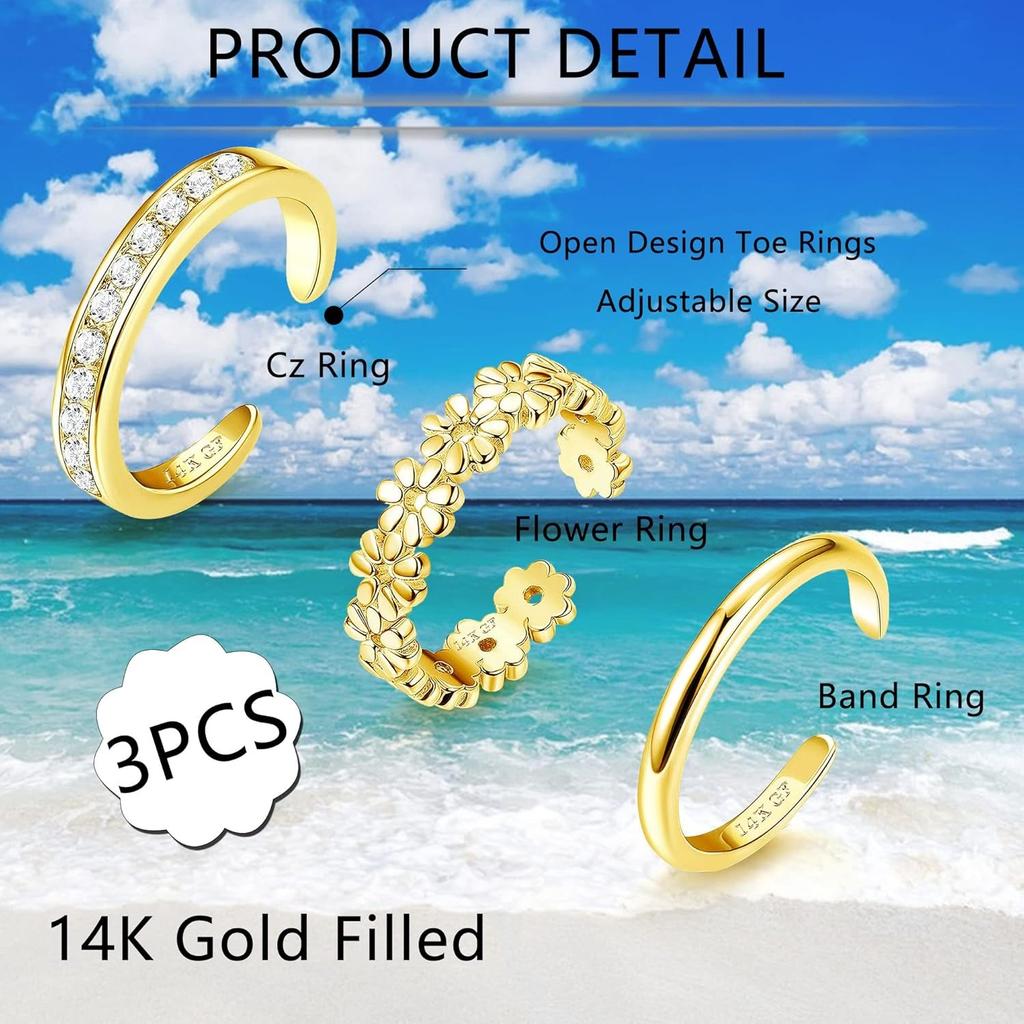 Bobisty 1/3Pcs 14K Gold-plated Toe Rings for Women Non Tarnish Adjustable Flower CZ Dainty Toe Ring Summer Beach Foot Jewelry