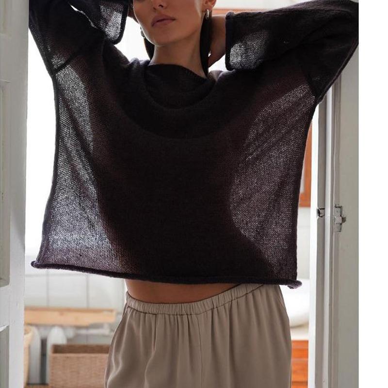 Женские прозрачные свитера с длинным рукавом, весна-осень, повседневный вязаный свитер, тонкий круглый вырез, пуловер, топы, элегантный простой трикотаж 1297