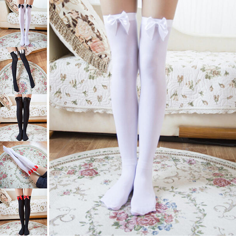 Girl Stretchy Meias Over The Knee High Socks Stockings Tights With Bows Thigh
