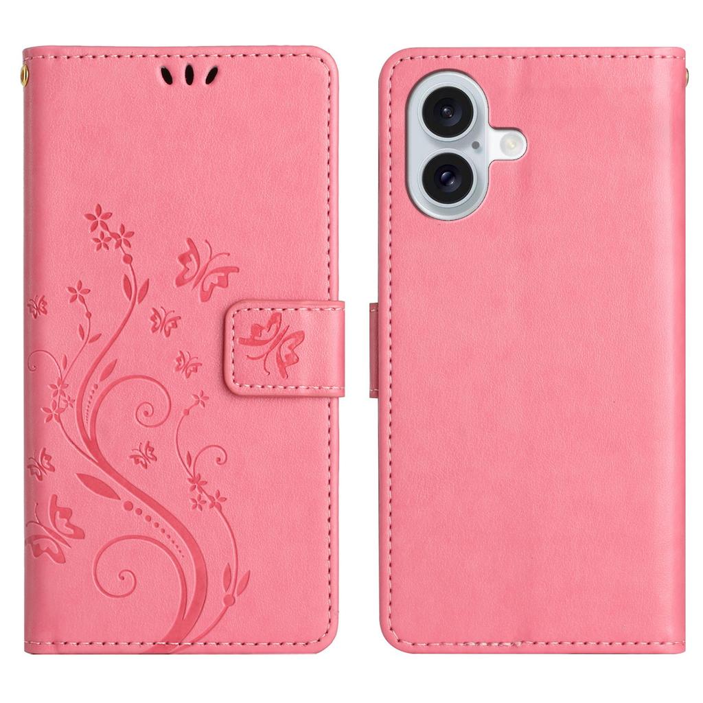 Для iPhone 17 Кожаный чехол-кошелек Чехол для телефона с тиснением в виде бабочки и цветка со шнурком