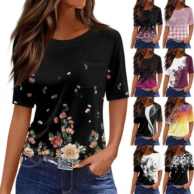 Футболки для женщин, плиссированные, с круглым вырезом, нарядные, повседневные, блузки с принтом, с коротким рукавом, летние топы, свободный крой