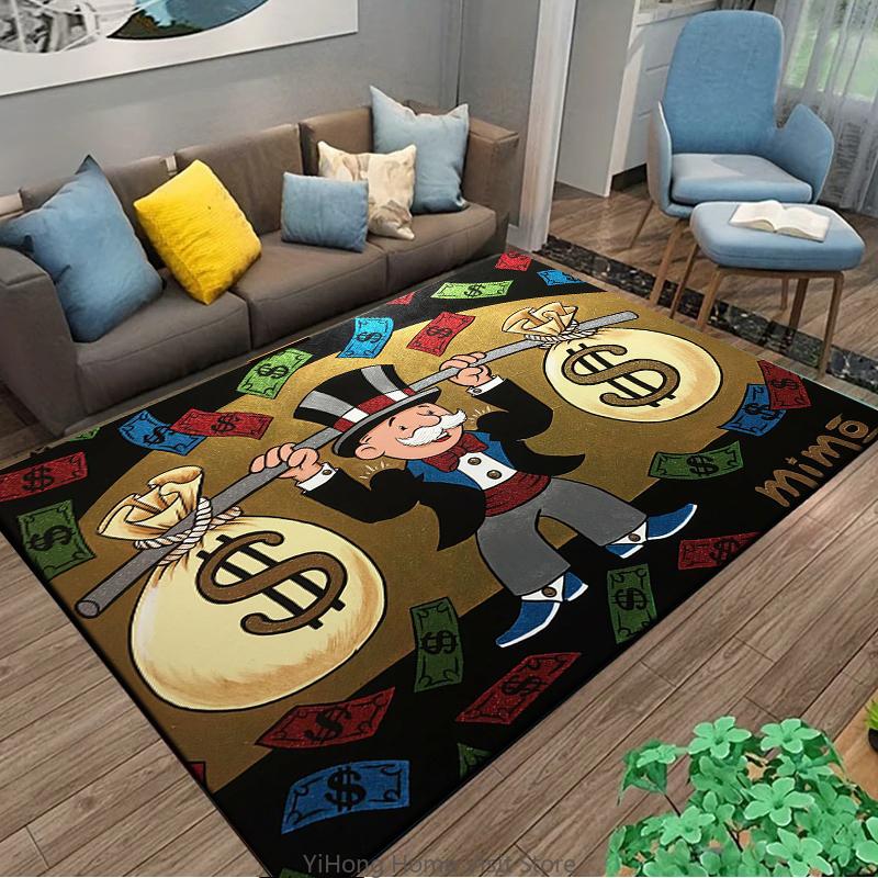 Playful Rich Man Game Monopoly Dollar Cartoon Carpet Rug for Bedroom and Living Room Non-slip Floor Mat Decorative Sofa Doormat