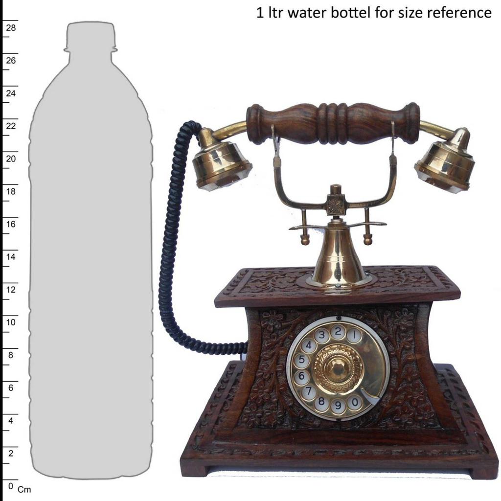 Shesham Wood & Brasss Made Operationall Telephonee With Well Carving On It Decorative Showpiece - 23 Cm (Brass, Brown)