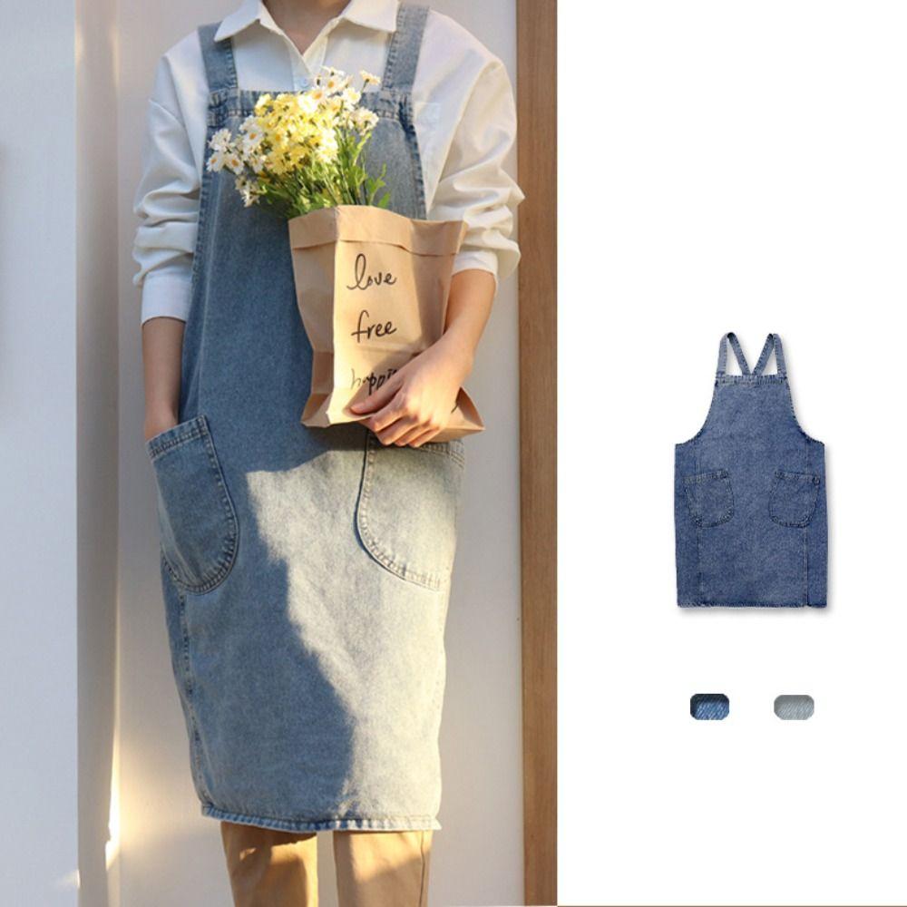 Elegant Ladies Denim Apron Oil-Proof Waiter Extended Aprons Kitchen Cooking Apron Restaurant Use