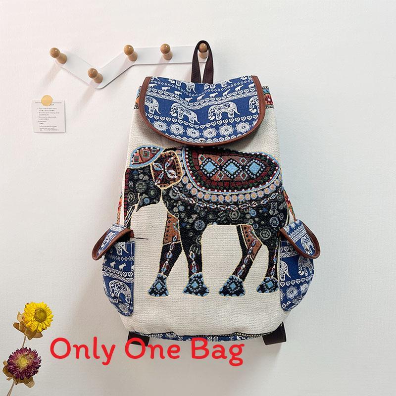 Elephant Pattern Traditional Embroidered Canvas Backpack With Drawstring Closure