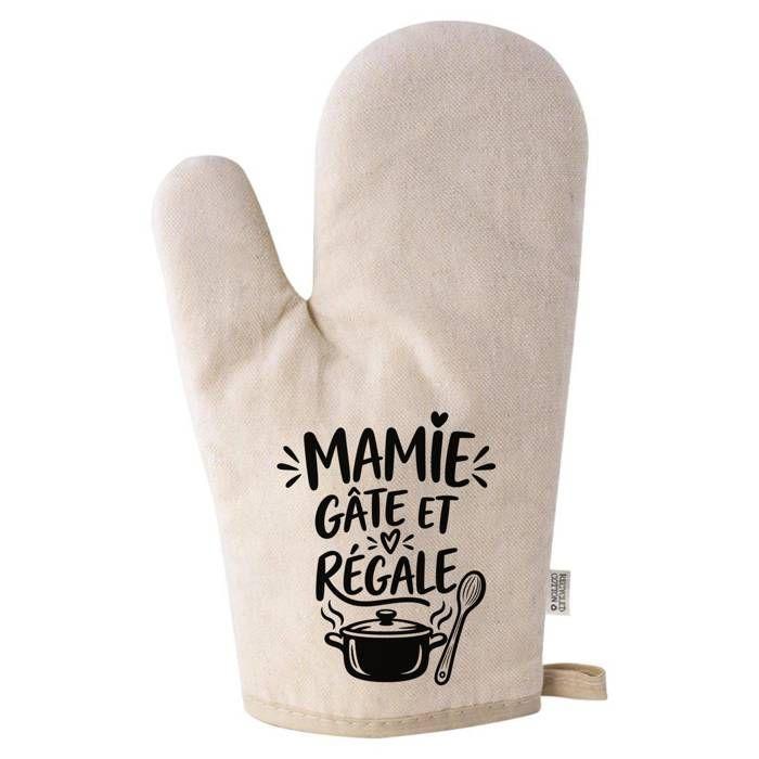 Gant de Cuisine Beige Mamie gâte et régale | Coton Recyclé 280 g/m² 17 × 26 cm Dos Matelassé | Taille Unique Four Barbecue