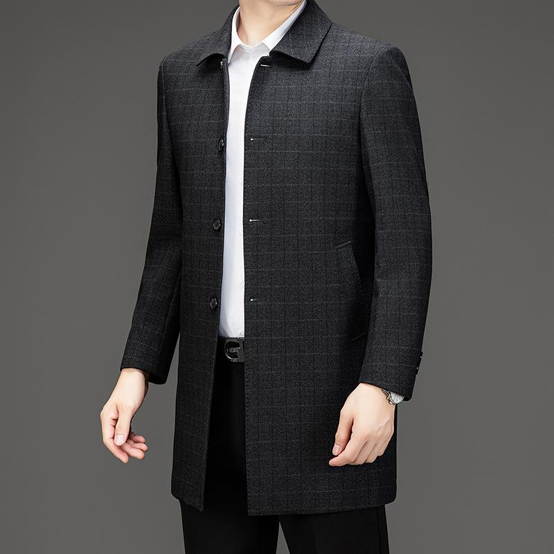 Осенне-зимняя мужская шерстяная ветровка средней длины, деловое повседневное пальто с лацканами, клетчатое пальто для пап среднего и пожилого возраста