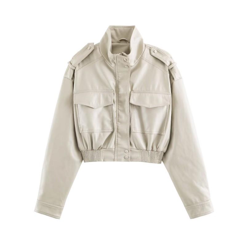Womens Faux Leather Short Jacket Long Sleeve Stand Collar Slim Fit Casual Coat