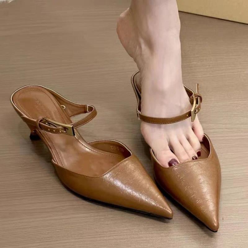 Women Heeled Slippers Pointed Toe Mid Heels Shoes Designer Elegant Pumps 2025 New Fashion Brand Summer Buckle Zapatillas Mujer