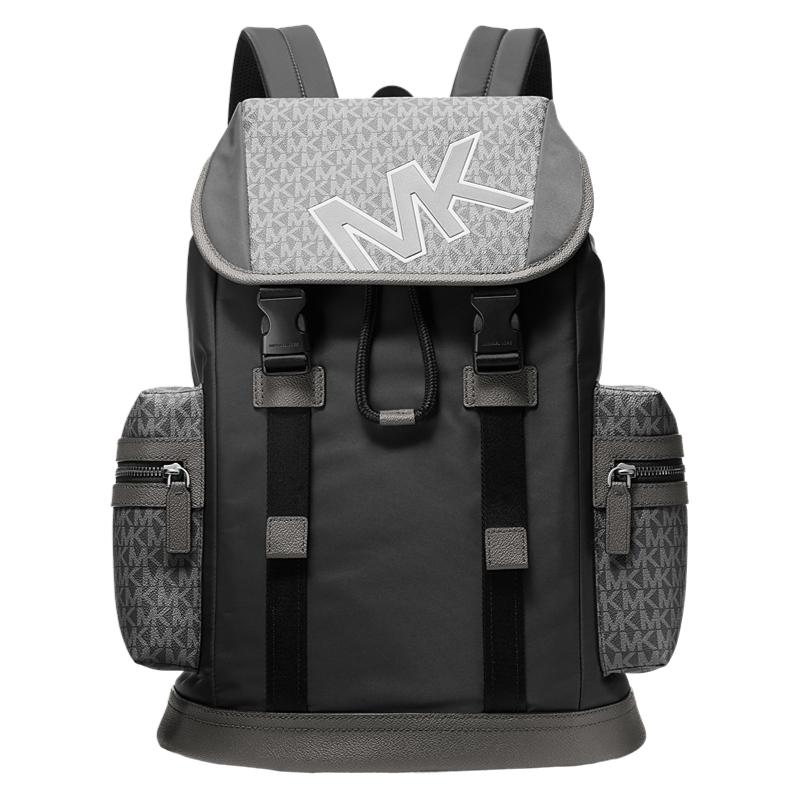 Michael Kors MK Cooper Letter Print Faux Leather Flap Backpack Large Men Backpack Black Gray 37F5LCOB2U-041