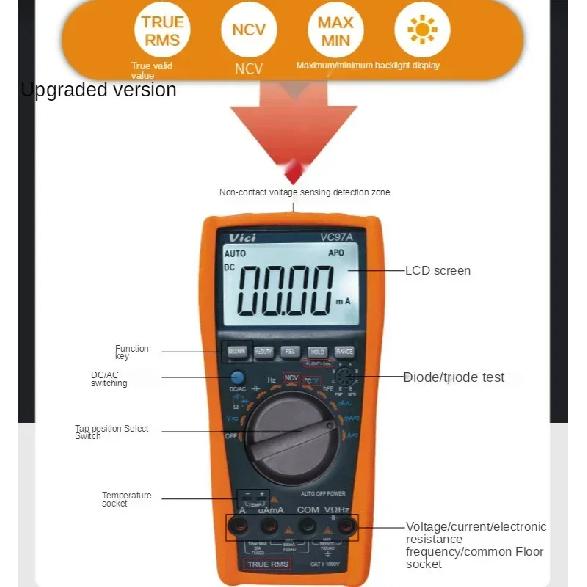 Мультиметр VICI VC97A, True RMS, многофункциональный, высококачественный, универсальный, 4000 отсчетов, автоматический выбор диапазона, цифровой, NCV