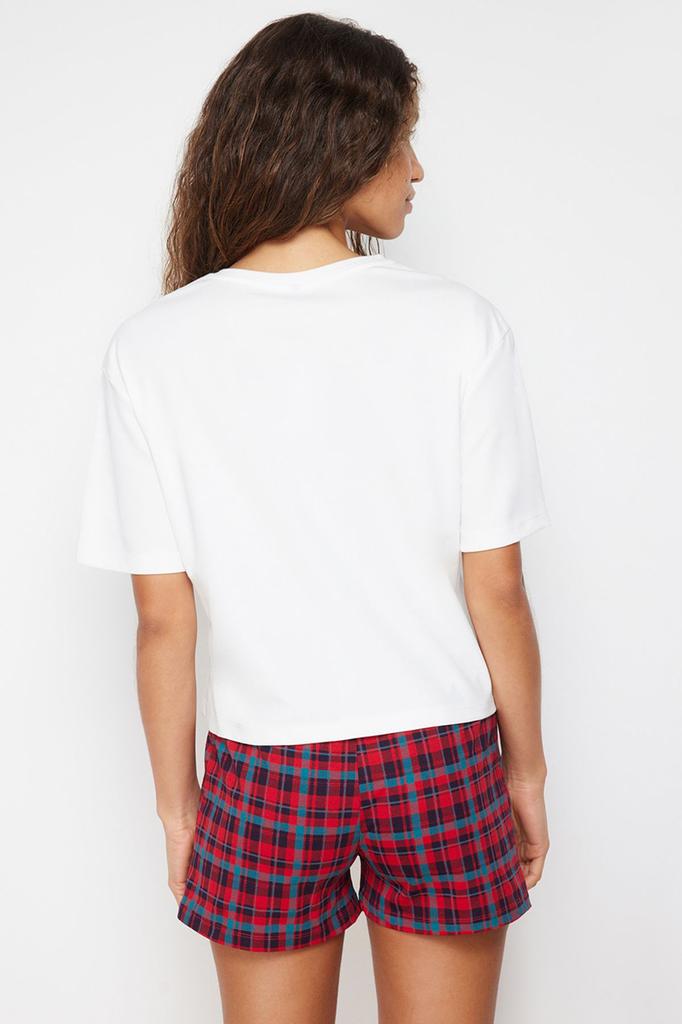 Women's Fashion White Multicolored 100% Cotton Plaid Knitted Pajama Set