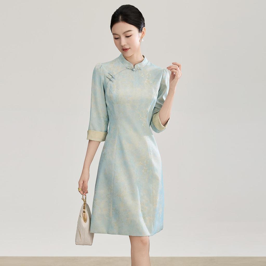 Nanyou Spring New Chinese Style Jacquard Satin Crepe Qipao Dress for Women