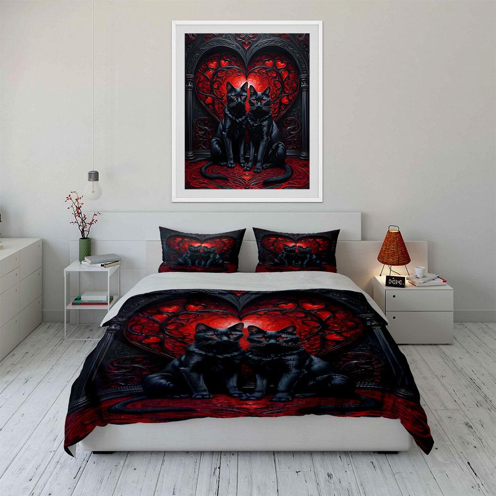 Black Cats with Gothic Hearts Bedding Duvet Cover Set  (1*Duvet Cover 2*Pillowcases, without duvet insert)