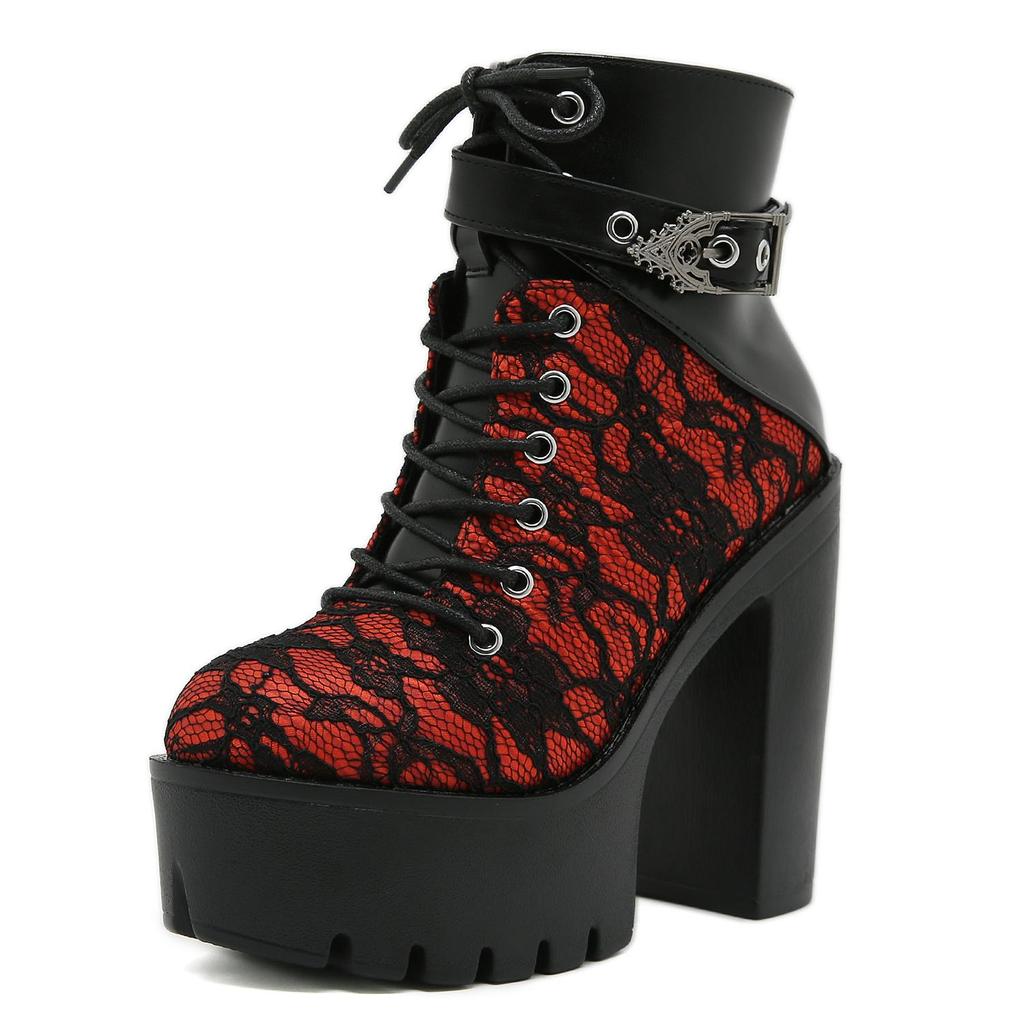 Gdgydh Gothic Vintage Lace Red High Heel Ankle Boots with Platform Sole Ankle Strap Women Boots for Dressy Occasions
