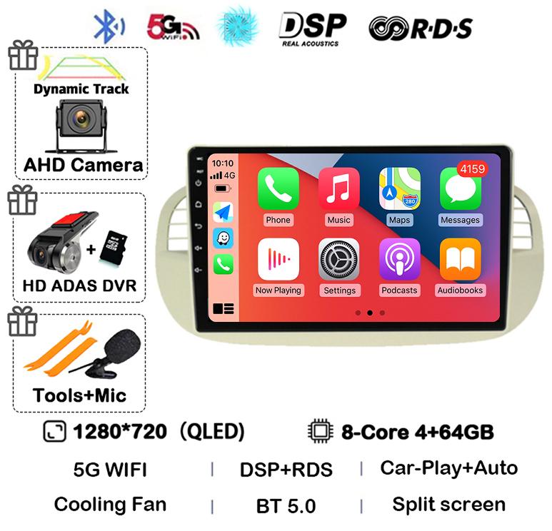 Android 14 Carplay& Auto Car Radio Stereo For Fiat 500 GPS Navigation Steering Wheel Control Multimedia BT WIFI+4G Head Unit DSP