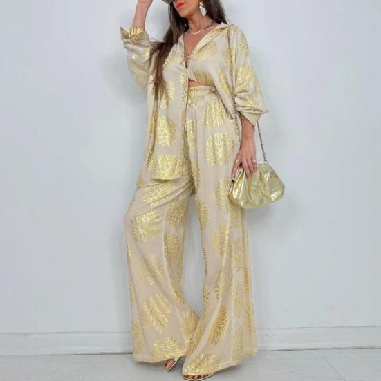 Женские костюмы-двойки с крупным принтом, рубашка на пуговицах с длинным рукавом, брюки с широкими штанинами на резинке, повседневный костюм для отдыха