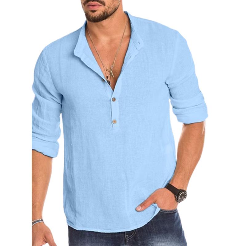 Spring Summer Men's Shirts Long Sleeve Loose Solid Color Cotton Linen Shirt Oversized Pull-up Sleeve Tops