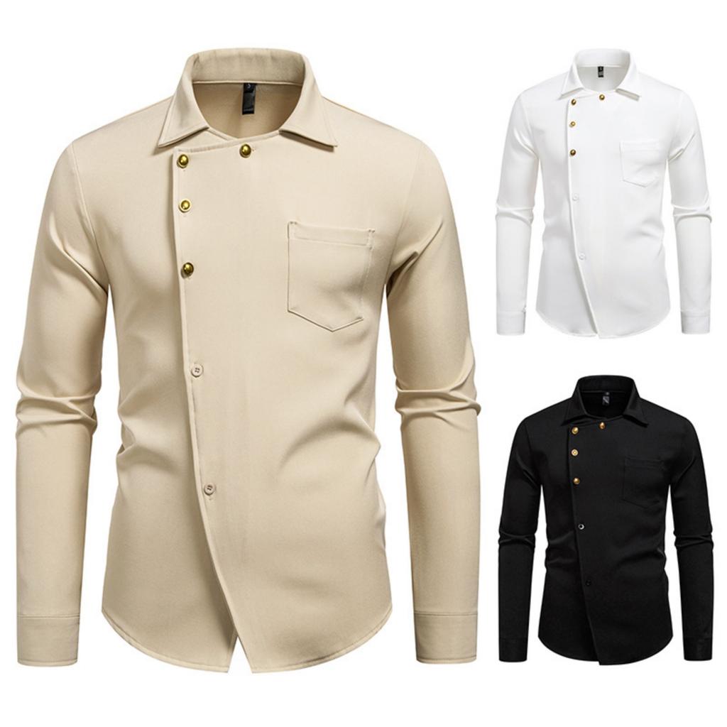 Men's Casual Solid-color Long-sleeved Shirt, Men's Slanted Button Slim Lapel Shirt