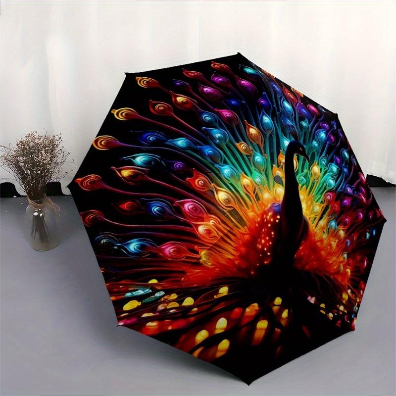 1pc Colorful Feathers Peacock Automatic, Cute Cartoon Pattern, Portable Outdoor Umbrella, Perfect, Holiday Gift for fans.C082