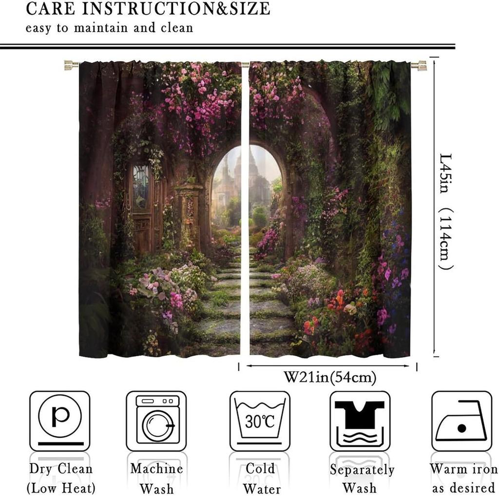 Fantasy Forest Blackout Curtains Mysterious Jungle Forest Round Door Pink Rose Pattern Living Room Curtains Kitchen Bedroom