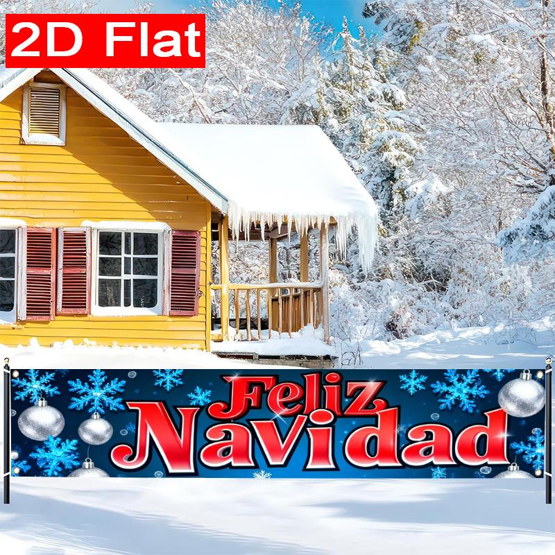 Spanish Gold Snowflake & Lake Christmas Yard Banner, Polyester Outdoor Fence Decor Garden Sign