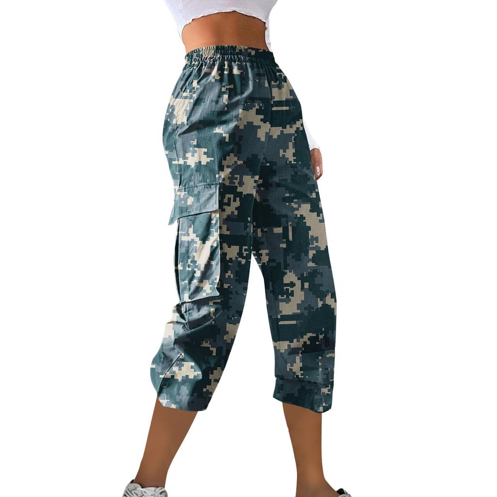 Женские повседневные рабочие брюки с эластичным поясом и укороченными брюками с камуфляжным принтом
