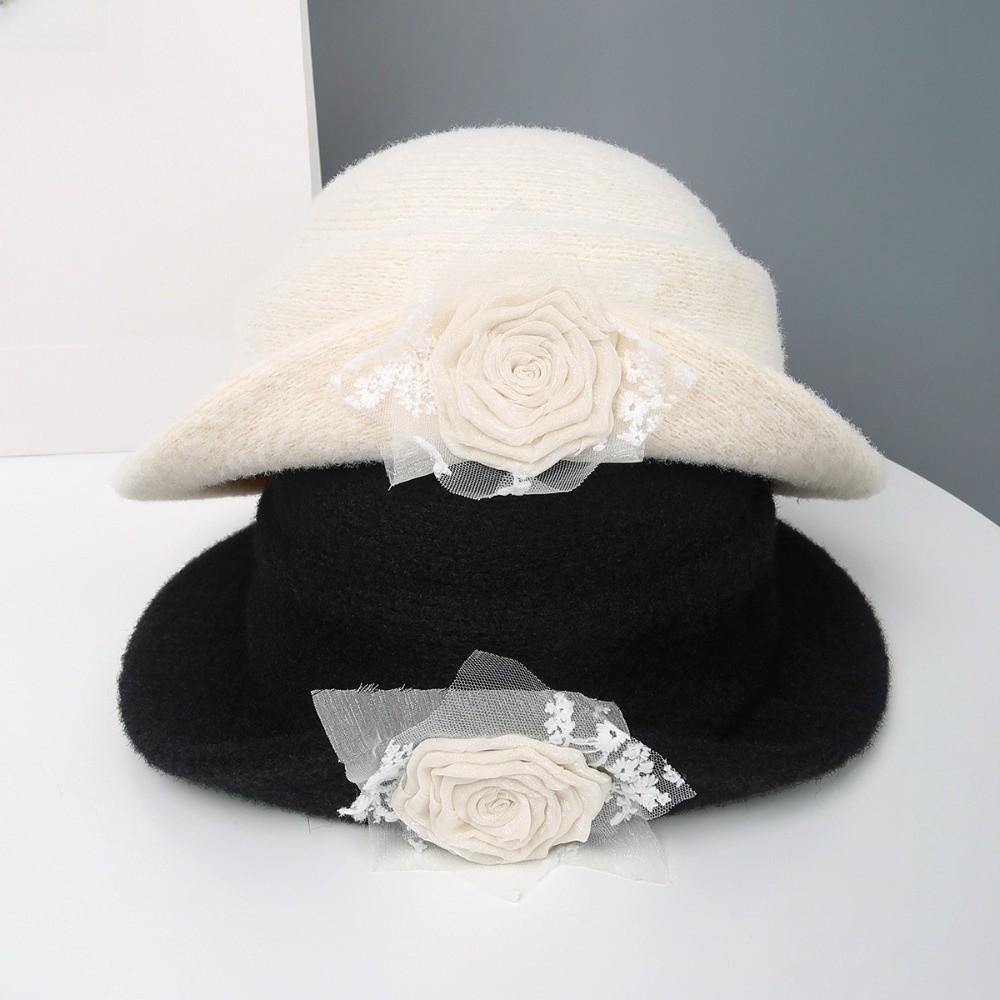 Floral Black Knitted Hat Lace Women Fisherman Hat Fashion Hepburn Style Topper Hat Wedding