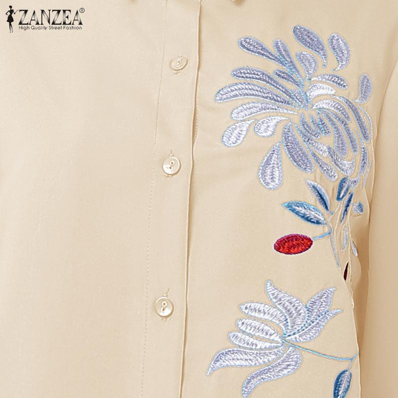 ZANZEA Женское повседневное платье-рубашка свободного кроя с рукавами 3/4 и отложным воротником, с вышивкой