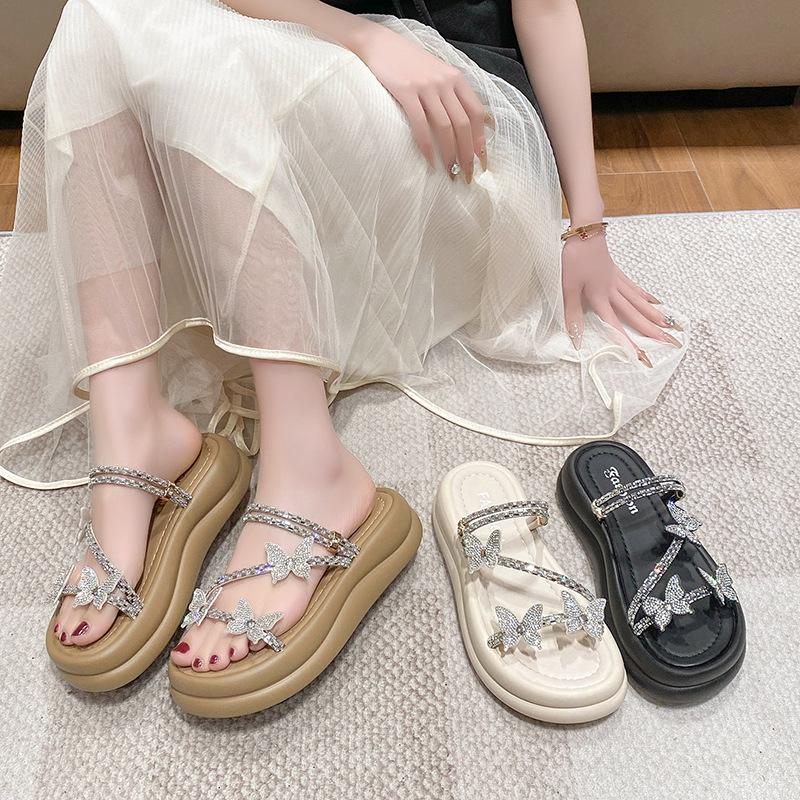 Фея ветер маффин толстая подошва крутые тапочки женские уличные 2025 лето новый круглый нос ремешок со стразами два способа носки сандалии на плоской подошве
