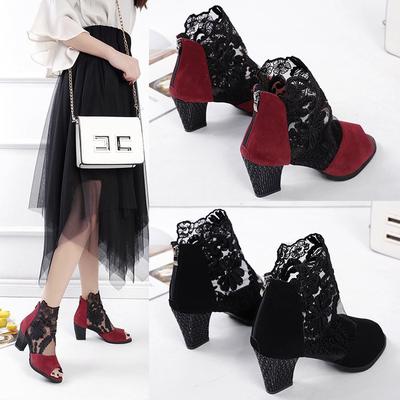 Модная женская обувь-сандалии 2025 Женские средние большие размеры Для девочек Комфортные Бежевые Новые Бархатные Средние Модные Большой Квадратный каблук Сандалии Ткань C