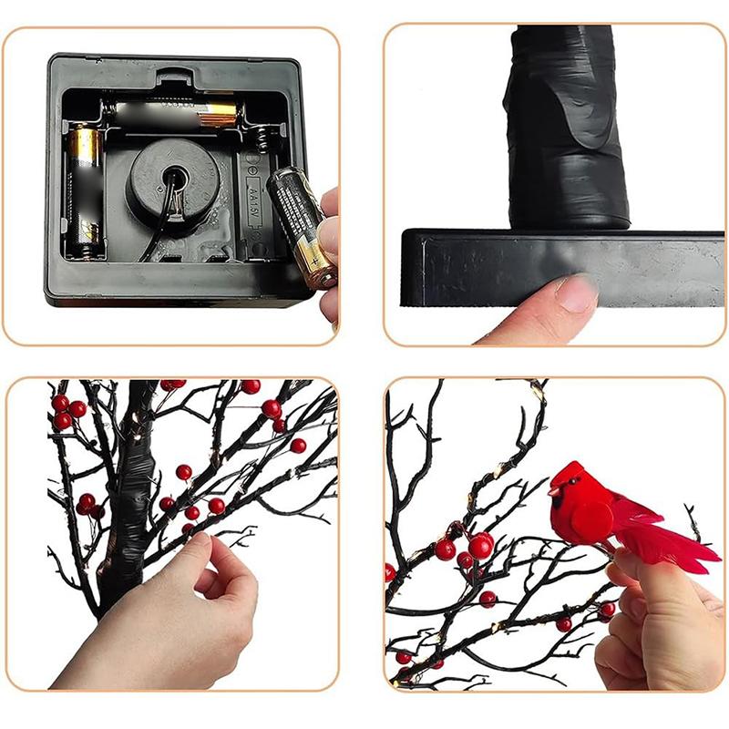 Винтажное светящееся дерево с кардиналами, Деревья с кардиналами, Деревья с красными птичками, Рождественская елка с ягодами