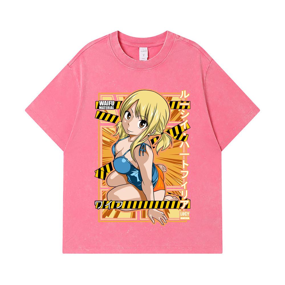 275 GSM Washed T-shirts 100% Cotton Fairy Tail V1 Lucy Waifu Print Unisex Heavy Cotton T Shirt