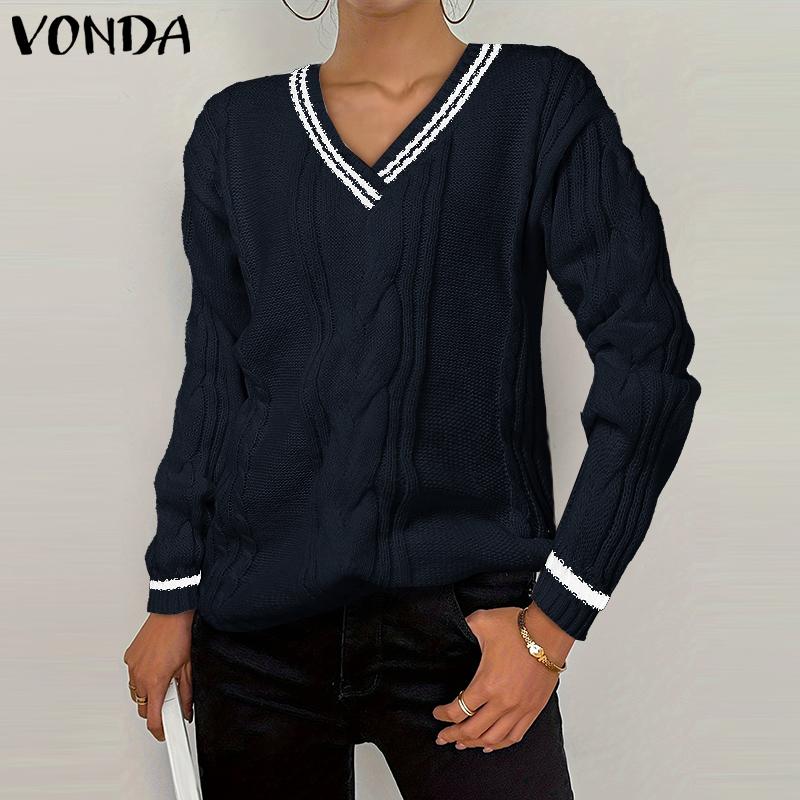 VONDA Women Autumn Warm V-Neck Long Sleeve Knitted Pullover Sweaters