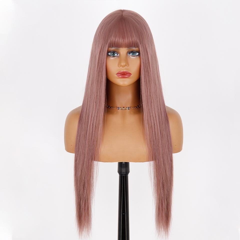 MISS WIG Women Fashion Long Straight Light Blonde Color Wig with Blunt Bangs Synthetic Fiber Daily Wear Long Straight Wig